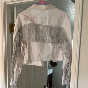 White denim crop jacket with silver fringe